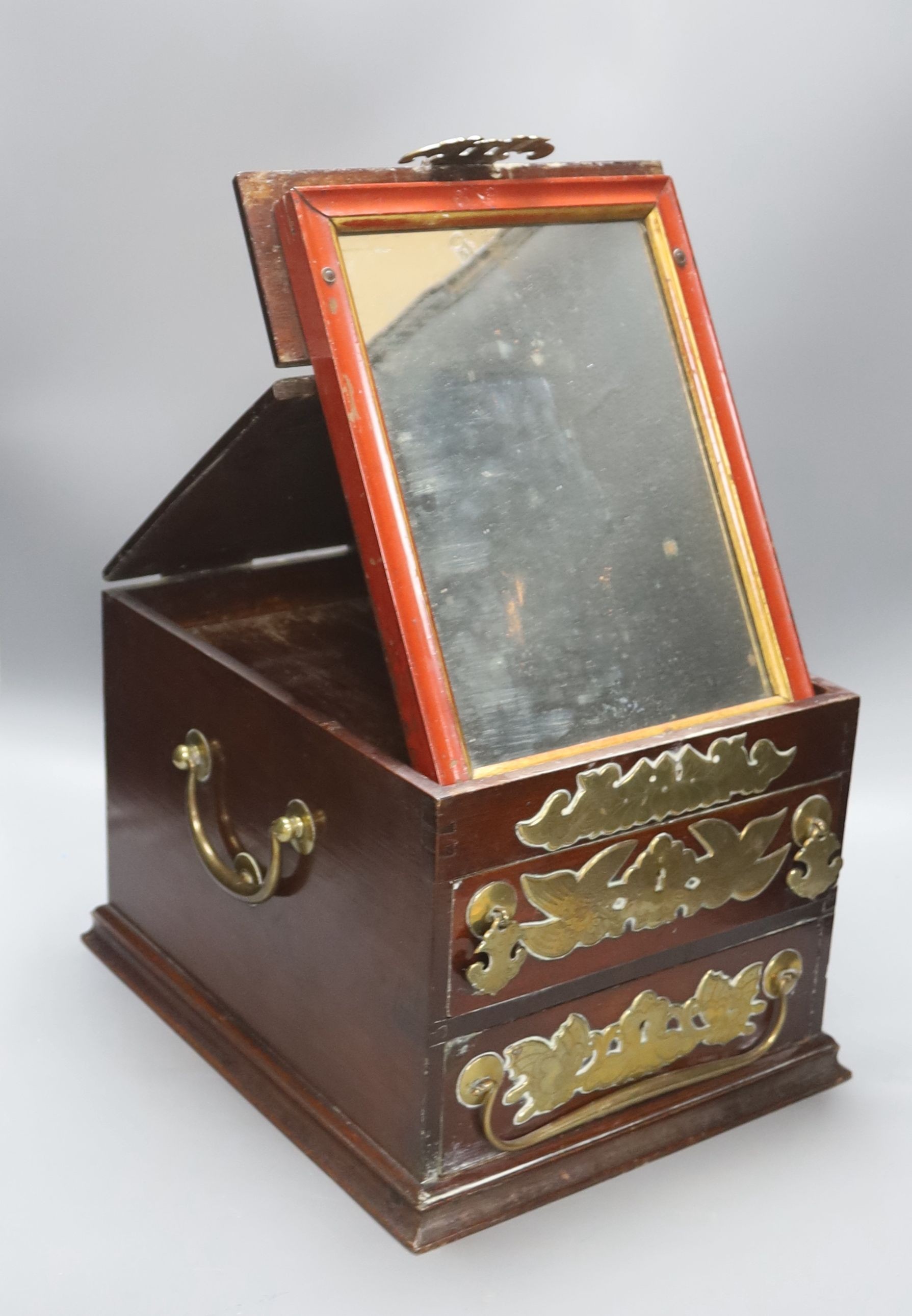 A Chinese brass mounted hardwood dressing table chest, width 28cm height 22cm